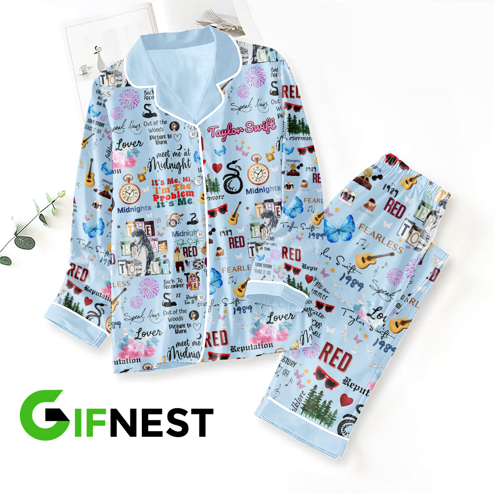 Taylor Swift Button Down Pajamas Set VANDH252 Hanh Blue 1