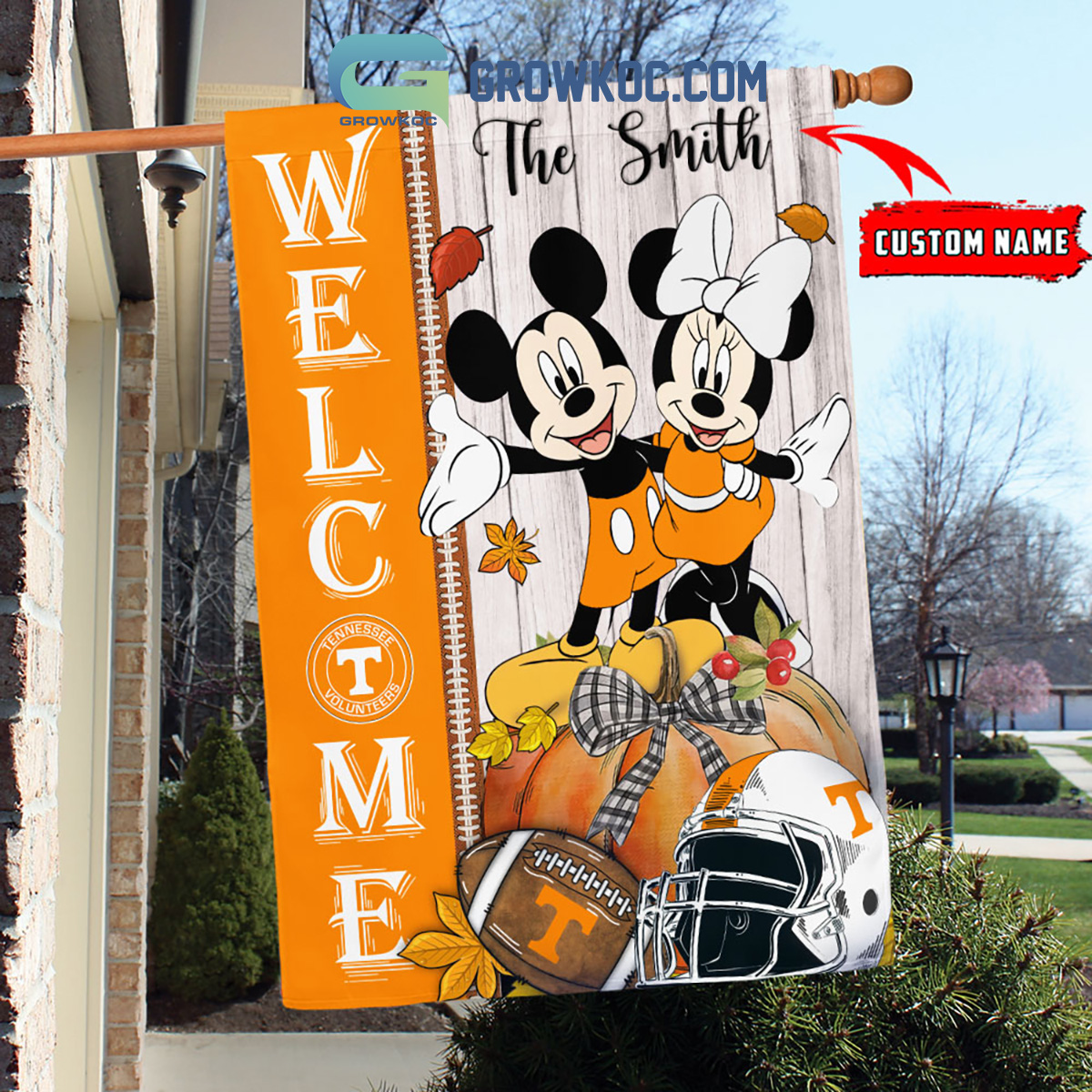 Tennessee Volunteers NCAA Disney Mickey Minnie Welcome Fall Pumpkin Personalized House Garden Flag2B1 vp6QJ