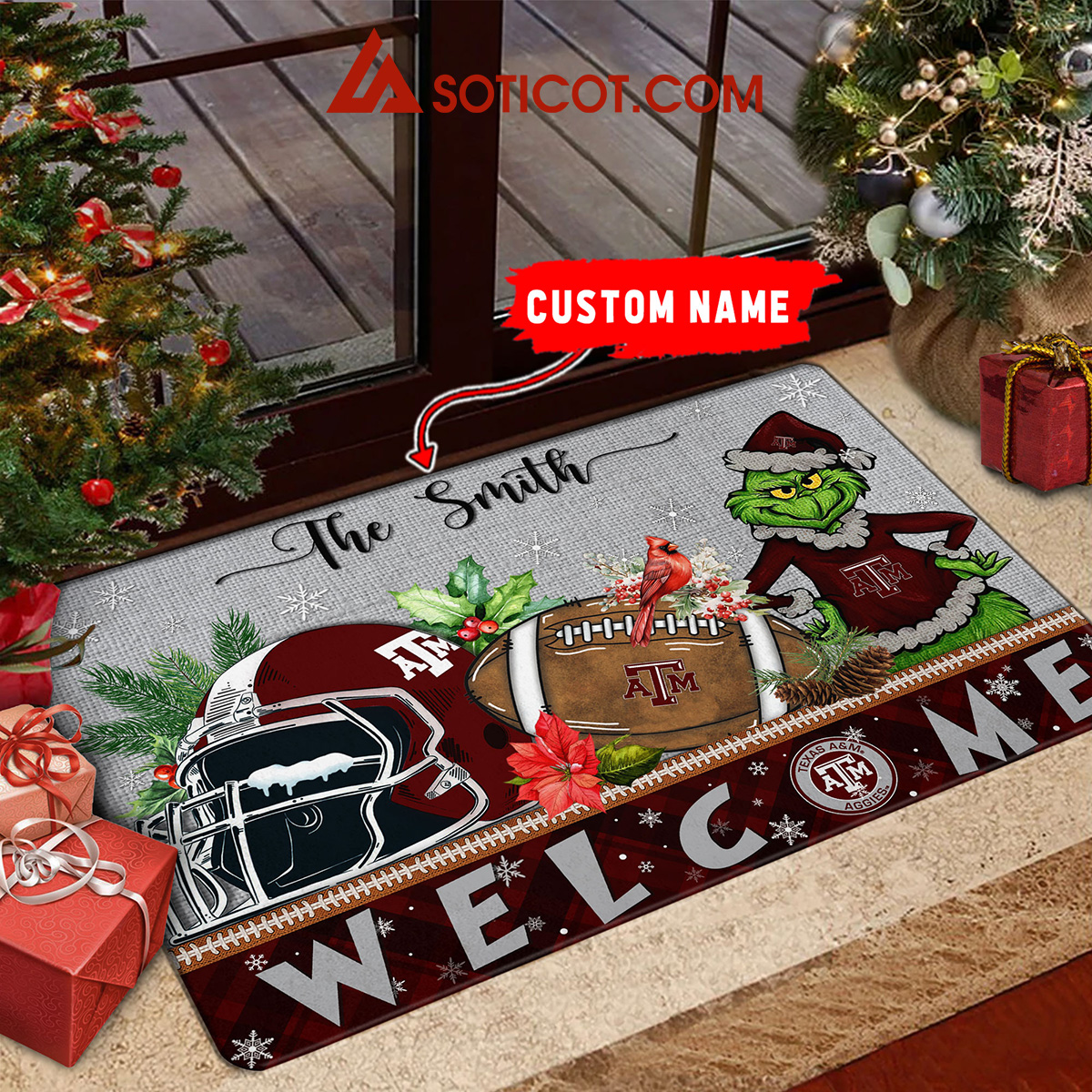 Texas A26amp3BM Aggies Grinch Welcome Christmas Football Personalized Doormat2B1 NqKgB