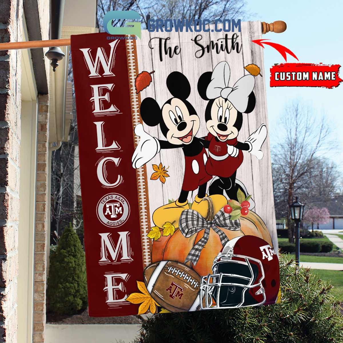 Texas A26amp3BM Aggies NCAA Disney Mickey Minnie Welcome Fall Pumpkin Personalized House Garden Flag2B1 nybmo