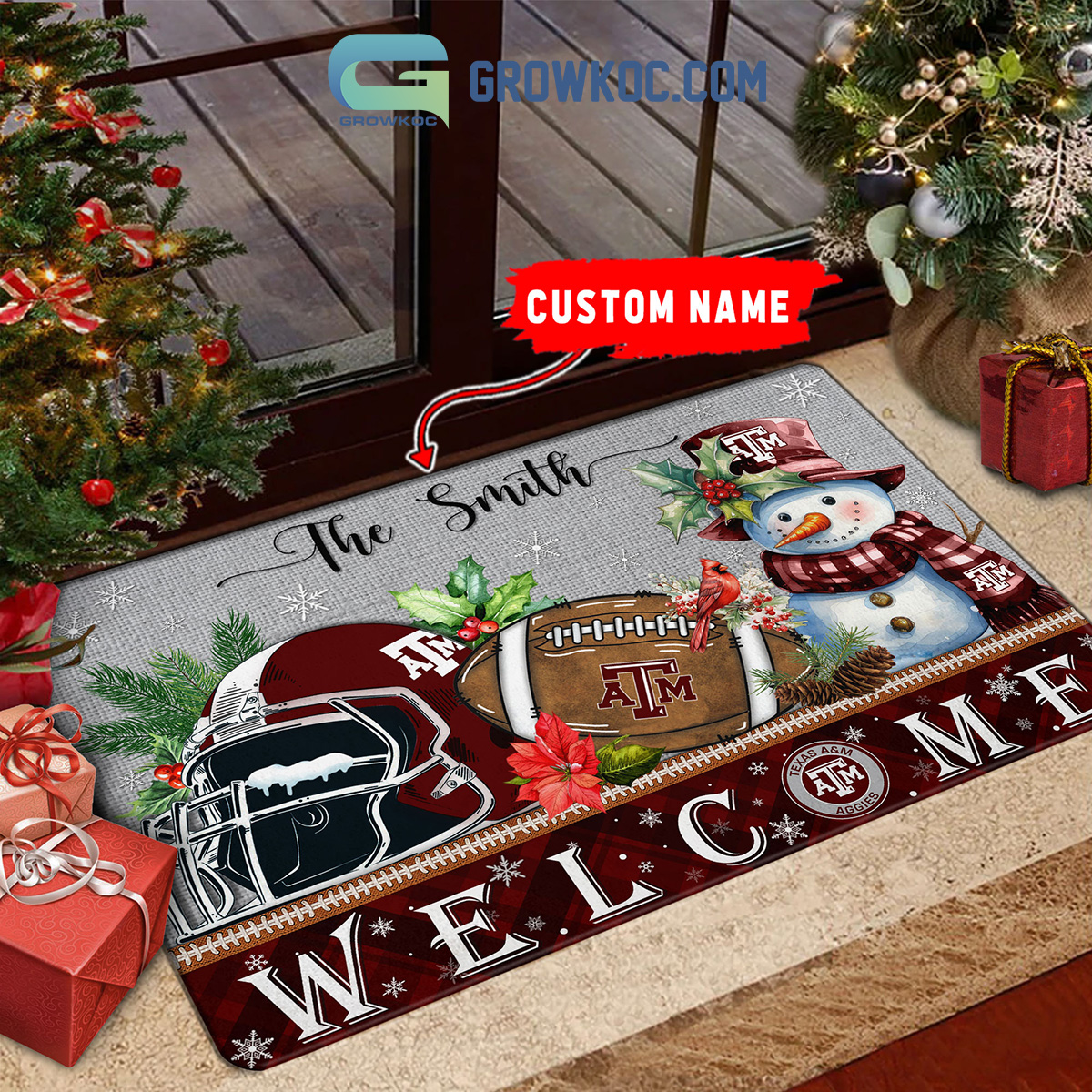 Texas A26amp3BM Aggies Snowman Welcome Christmas Football Personalized Doormat2B1 WYWXY