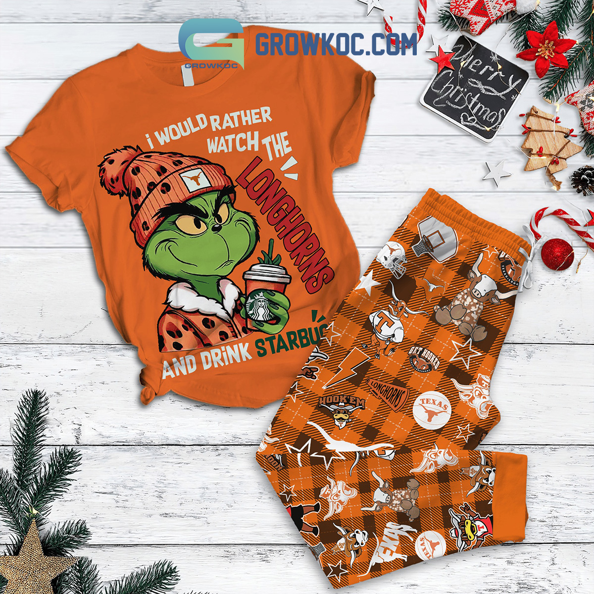 Texas Longhorns Grinch Drink Starbucks Fleece Pajamas Set 2B1 3qyO0