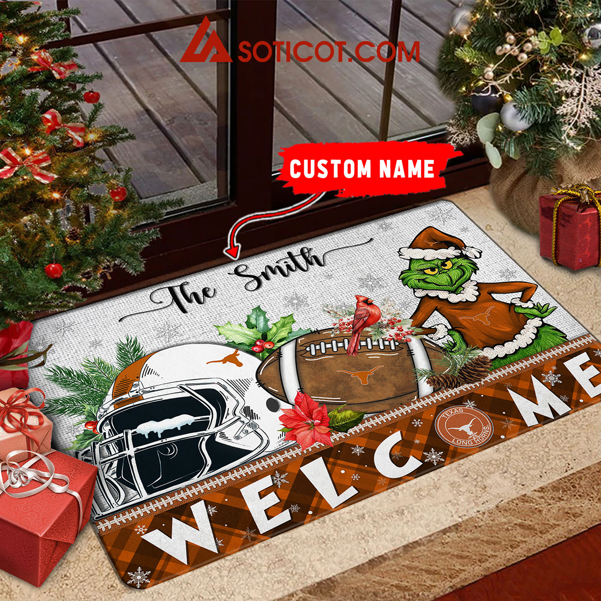 Texas Longhorns Grinch Welcome Christmas Football Personalized Doormat2B1 g9bjN