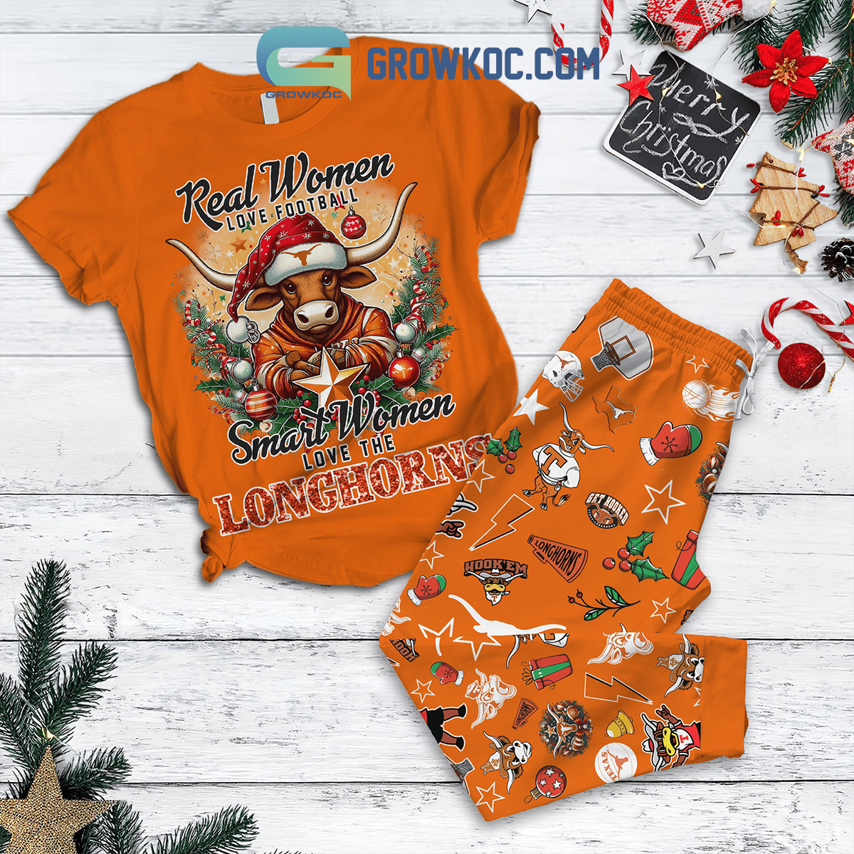 Texas Longhorns Smart Woman Love The Longhorns Christmas Fleece Pajamas Set2B1 KX8kv