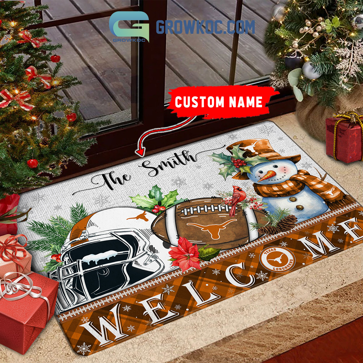 Texas Longhorns Snowman Welcome Christmas Football Personalized Doormat2B1 l385K