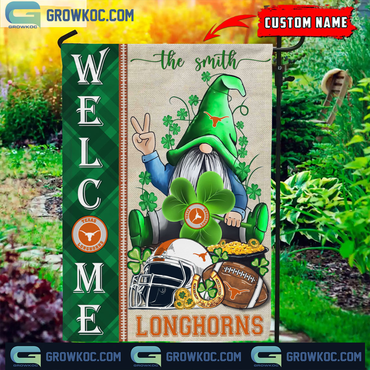 Texas Longhorns St. Patricks Day Shamrock Personalized Garden Flag2B1 xcfs6