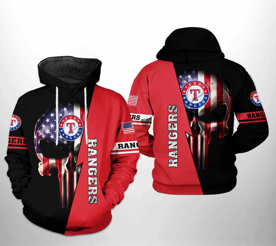 Texas Rangers MLB US Flag Skull All Over Print Hoodie 0