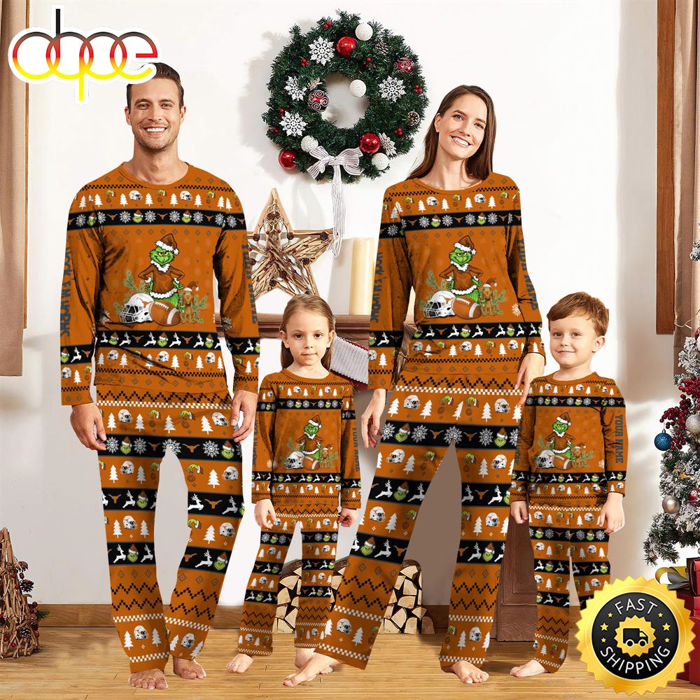 Texas Longhorns NCAA Custom Name Grinch Christmas And Sport Team Pajama Set fgtjkc