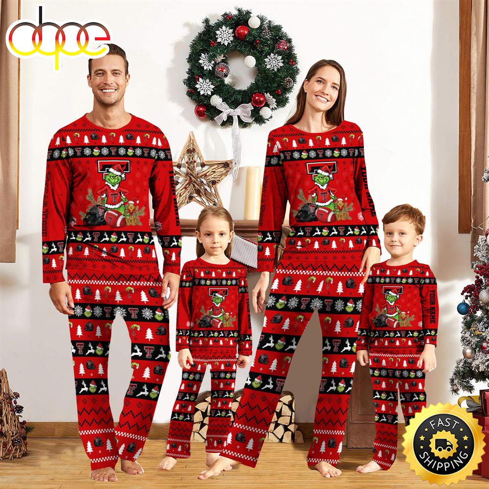 Texas Tech Red Raiders NCAA Custom Name Grinch Christmas And Sport Team Pajama Set lpm4x7