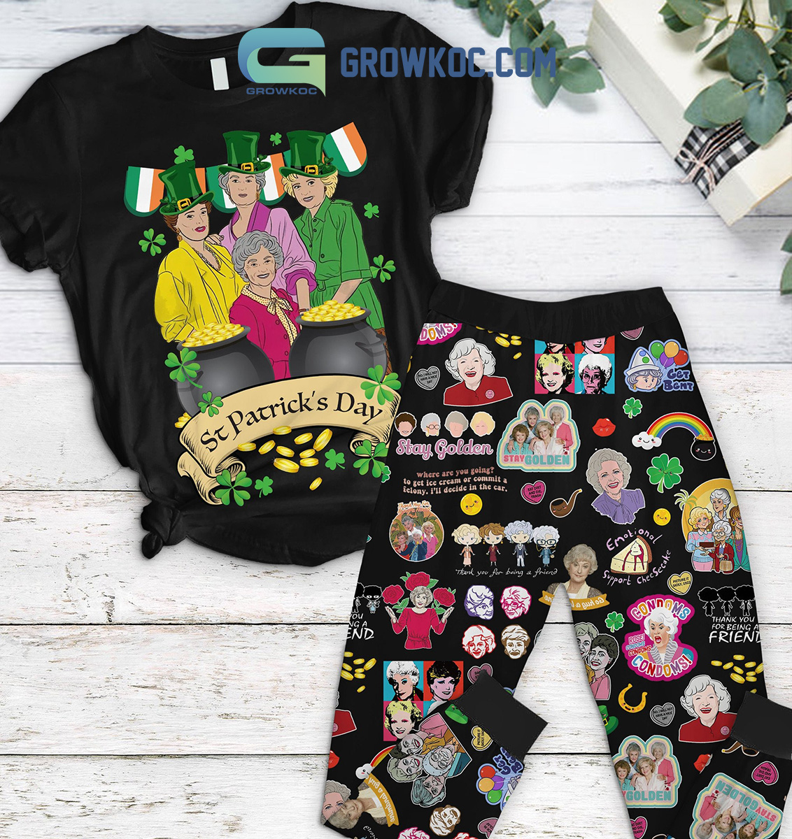 The Golden Girls St. Patricks Day Black Fleece Pajamas Set2B1 zG25x