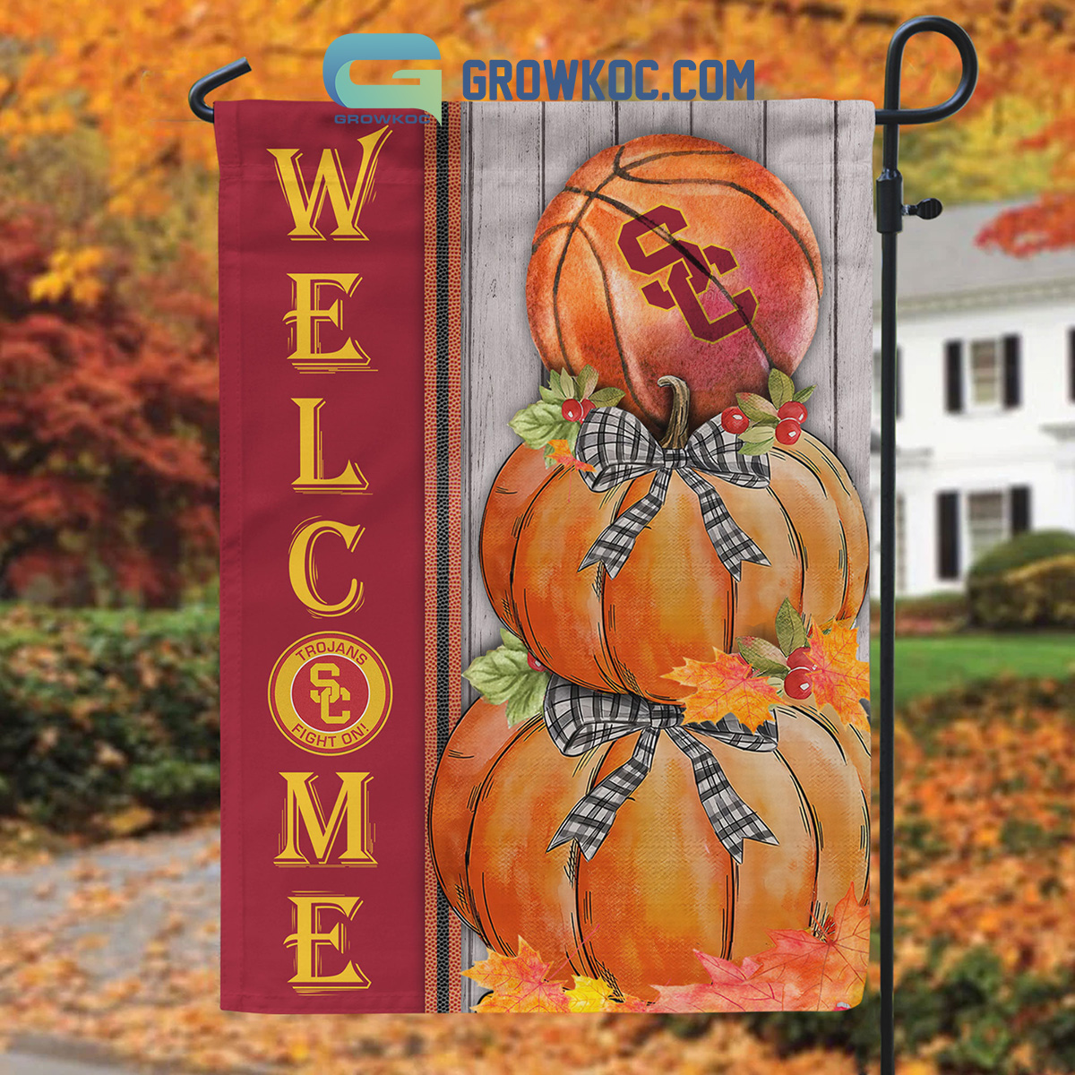 USC Trojans NCAA Basketball Welcome Fall Pumpkin House Garden Flag2B1 oOj0V