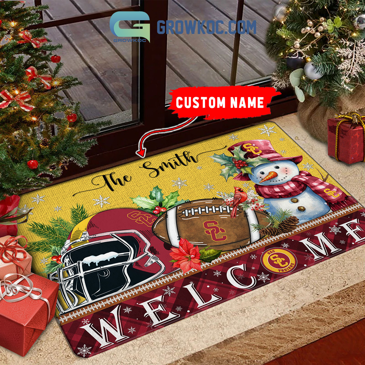 USC Trojans Snowman Welcome Christmas Football Personalized Doormat2B1 zIXHe