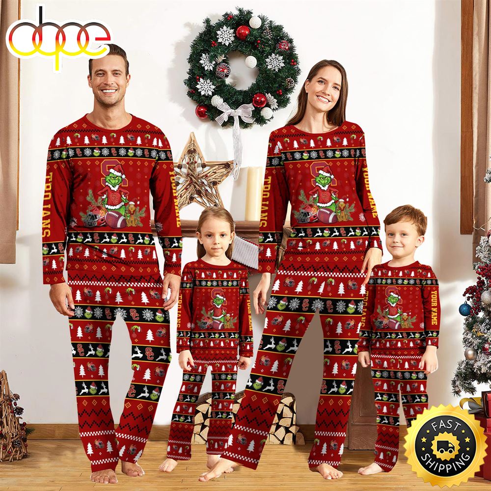 USC Trojans NCAA Custom Name Grinch Christmas And Sport Team Pajama Set bryjyh