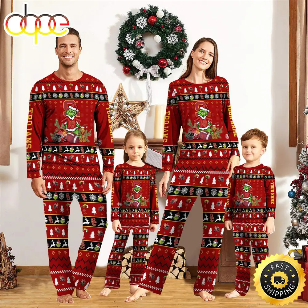 USC Trojans NCAA Custom Name Grinch Christmas And Sport Team Pajama Set bryjyh