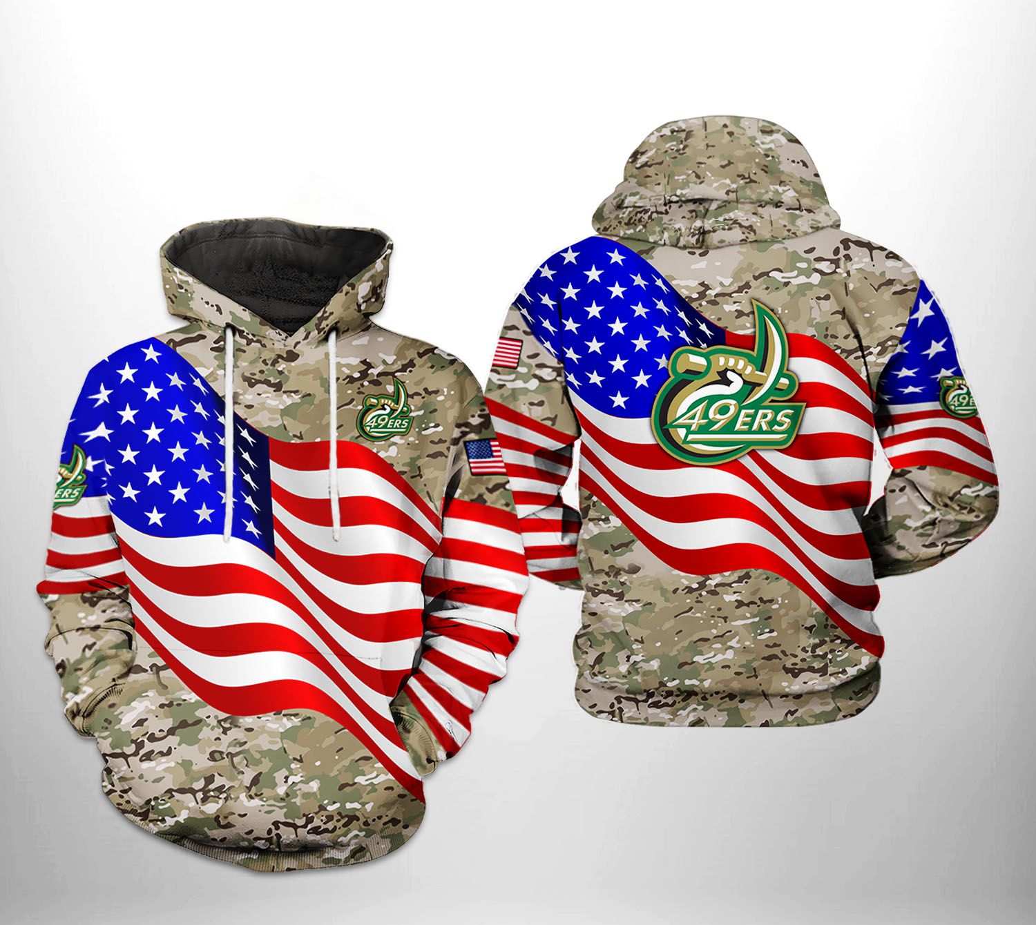 Us Flag Camo Veteran Skull Hoodie Charlotte 49Ers All Over Print ZipUp Option 0