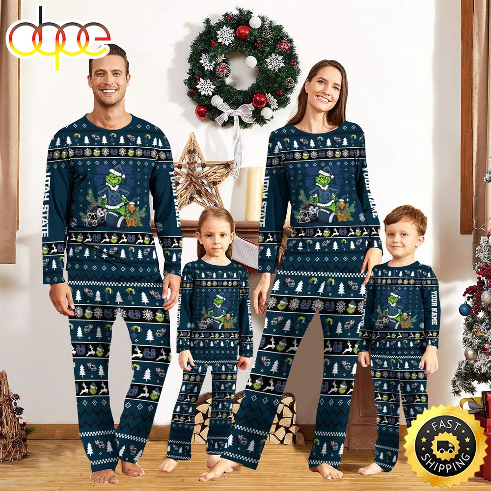 Utah State Aggies NCAA Custom Name Grinch Christmas And Sport Team Pajama Set woty9e
