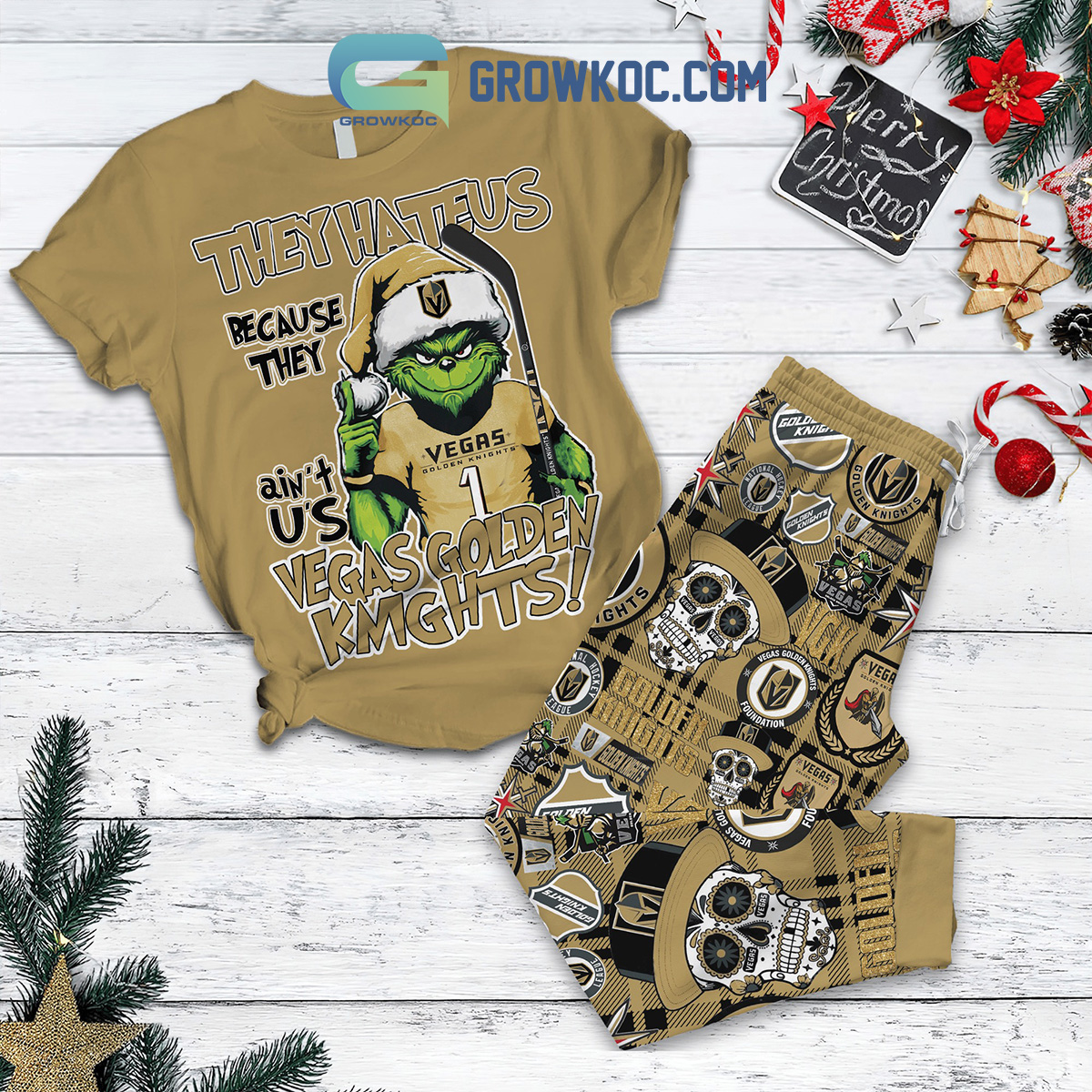 Vegas Golden Knights Grinch They Hate Us Christmas Fleece Pajamas Set2B1 OyPxg