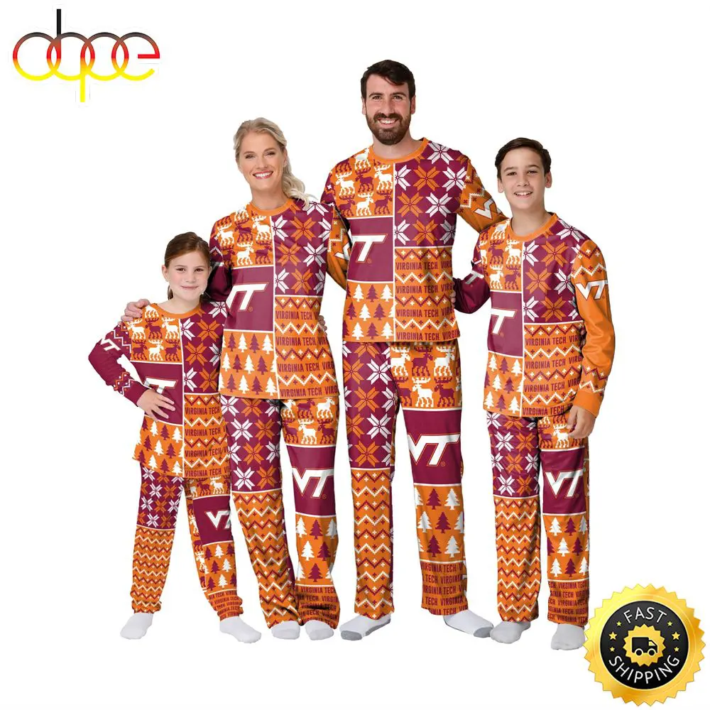 Virginia Tech Hokies NCAA Patterns Essentials Christmas Holiday Family Matching Pajama Sets q1mx1f