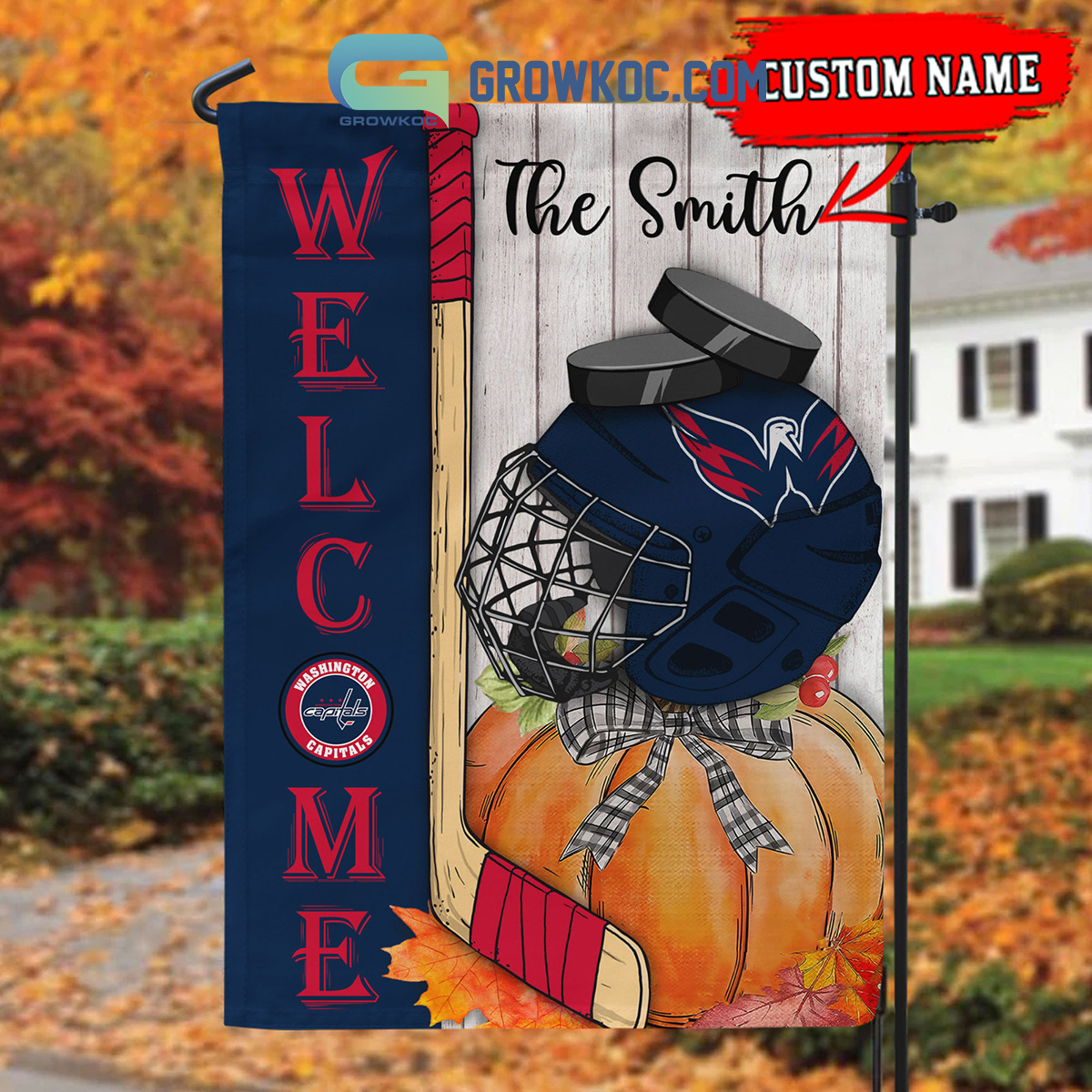 Washington Capitals NHL Welcome Fall Pumpkin Personalized House Garden Flag2B1 waaUA