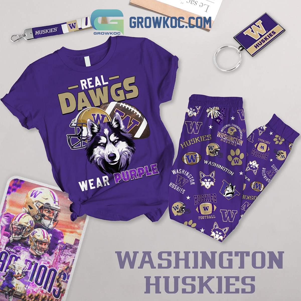 Washington Huskies Real Dawgs Wear Purple Fleece Pajamas Set2B1 lzdYk