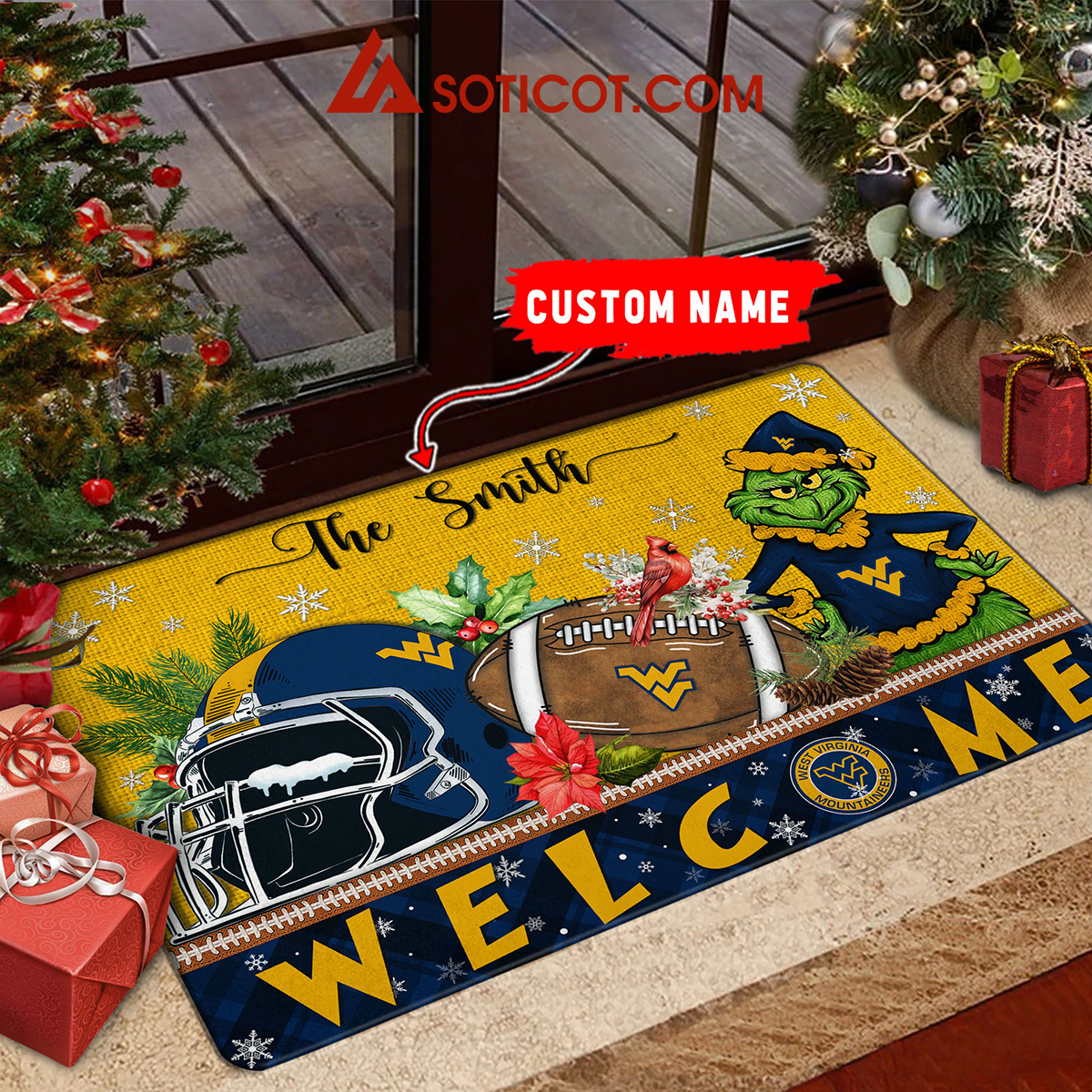 West Virginia Mountaineers Grinch Welcome Christmas Football Personalized Doormat2B1 4H0kT