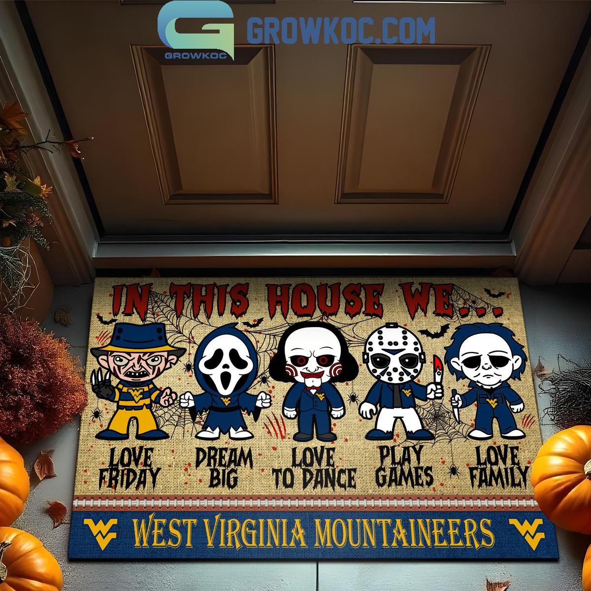 West Virginia Mountaineers In This House We Love Halloween Horror Movies Doormat 1 Tizf2