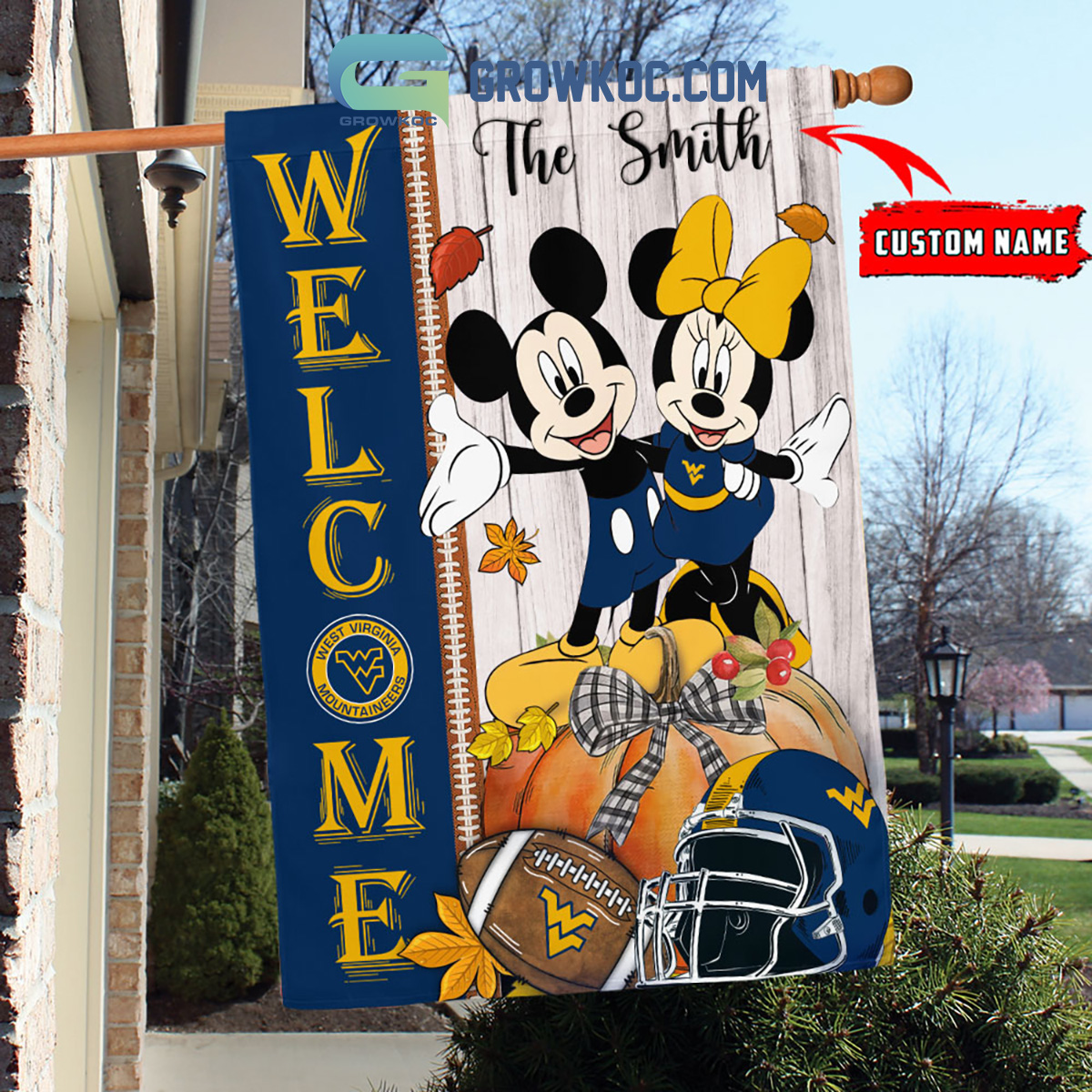 West Virginia Mountaineers NCAA Disney Mickey Minnie Welcome Fall Pumpkin Personalized House Garden Flag2B1 wPvdk