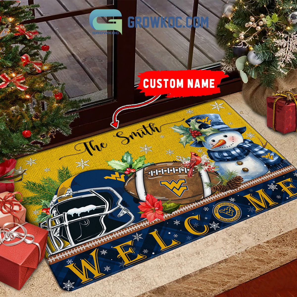 West Virginia Mountaineers Snowman Welcome Christmas Football Personalized Doormat2B1 9JRDi