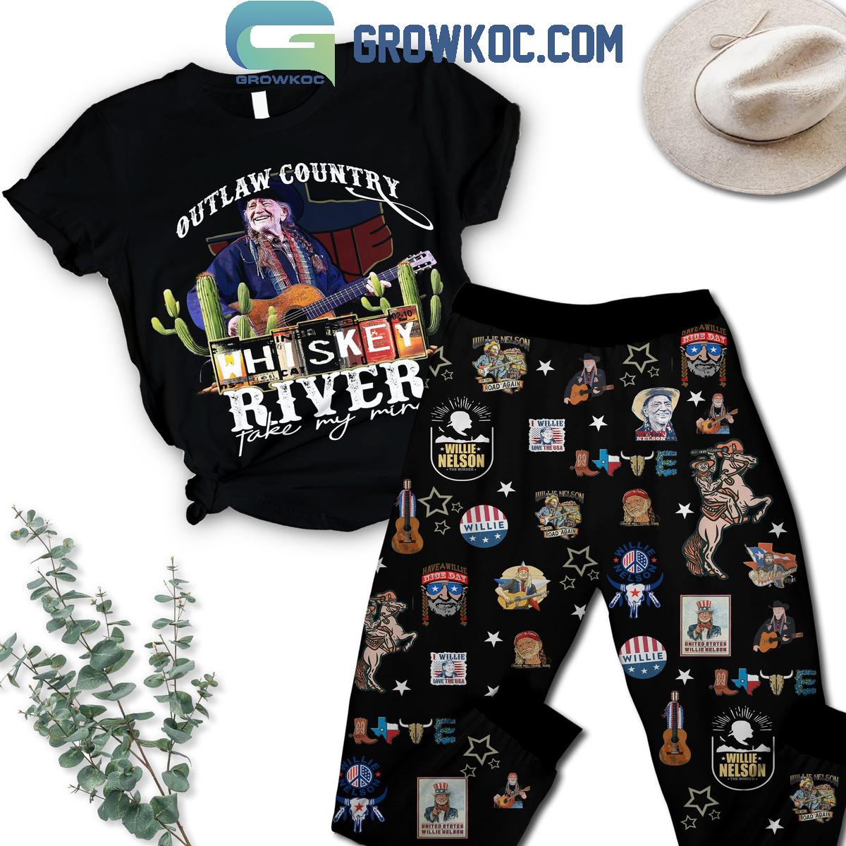 Willie Nelson Outlaw Country Whiskey River Take My Men Fleece Pajamas Set 1 SKa7v