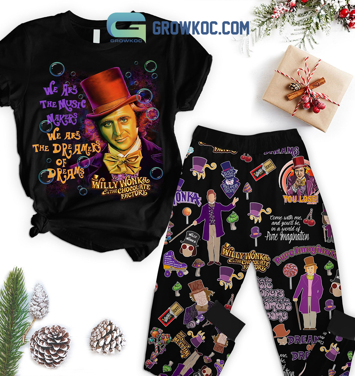 Willy Wonka And The Chocolate Factory Black Version Christmas Fleece Pajamas Set2B1 poOXw