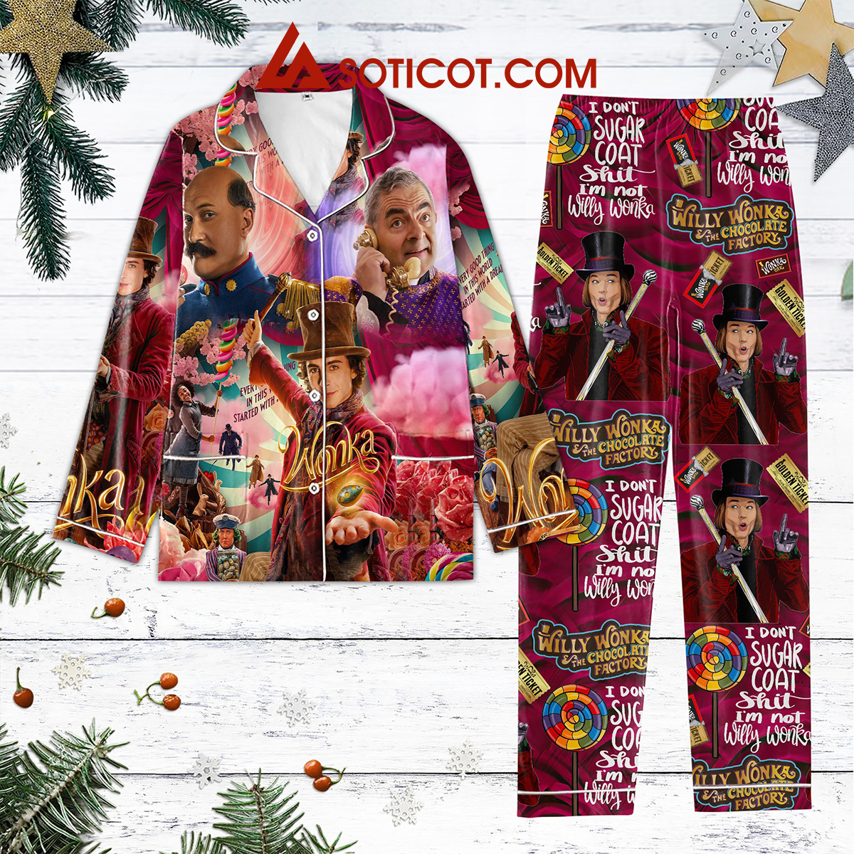 Willy Wonka And The Chocolate Factory Everything Good Thing In This World Started With Dreams Silk Pajamas Set2B1 9DlKT