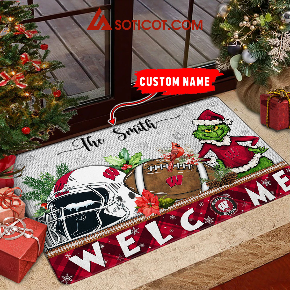 Wisconsin Badgers Grinch Welcome Christmas Football Personalized Doormat2B1 jFoF4