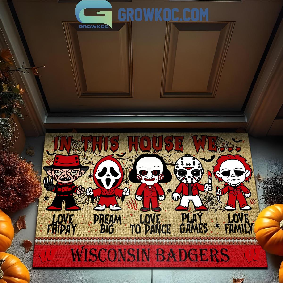 Wisconsin Badgers In This House We Love Halloween Horror Movies Doormat 1 nRnwa