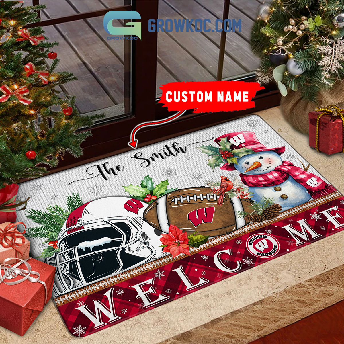 Wisconsin Badgers Snowman Welcome Christmas Football Personalized Doormat2B1 elXTL