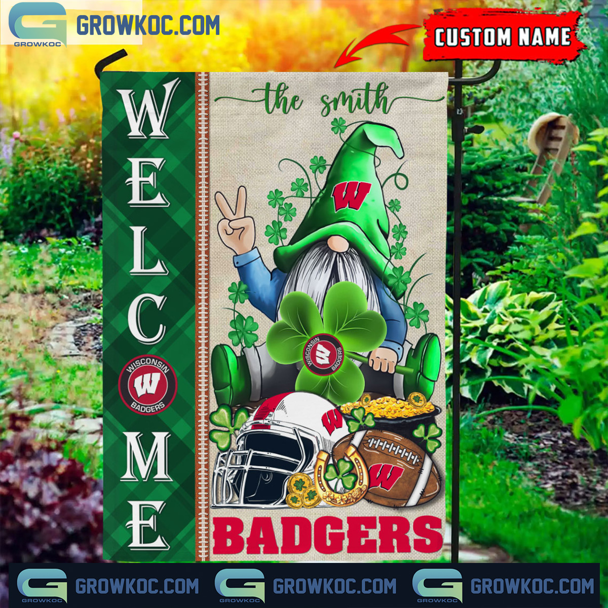 Wisconsin Badgers St. Patricks Day Shamrock Personalized Garden Flag2B1 wlSnB