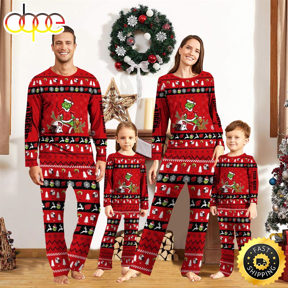 Wisconsin Badgers NCAA Custom Name Grinch Christmas And Sport Team Pajama Set vy38su