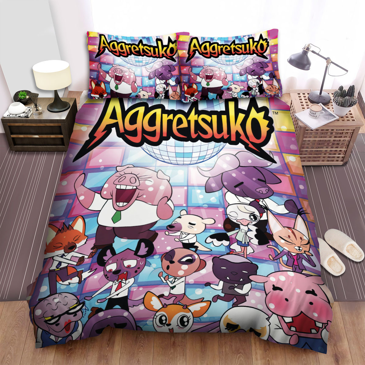 aggretsuko characters in a disco dance bar bed sheets spread duvet cover bedding sets bnied