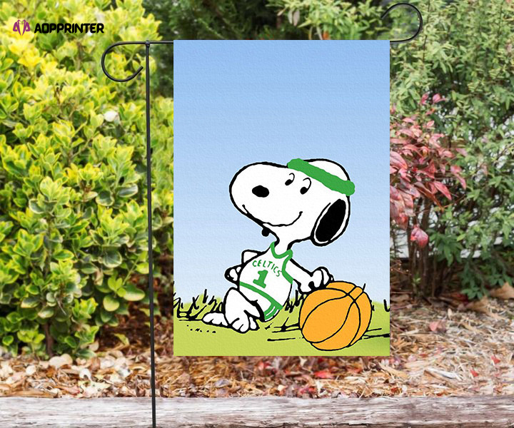 boston celtics snoopy wearing uniform double sided printing garden flag home decor gifts