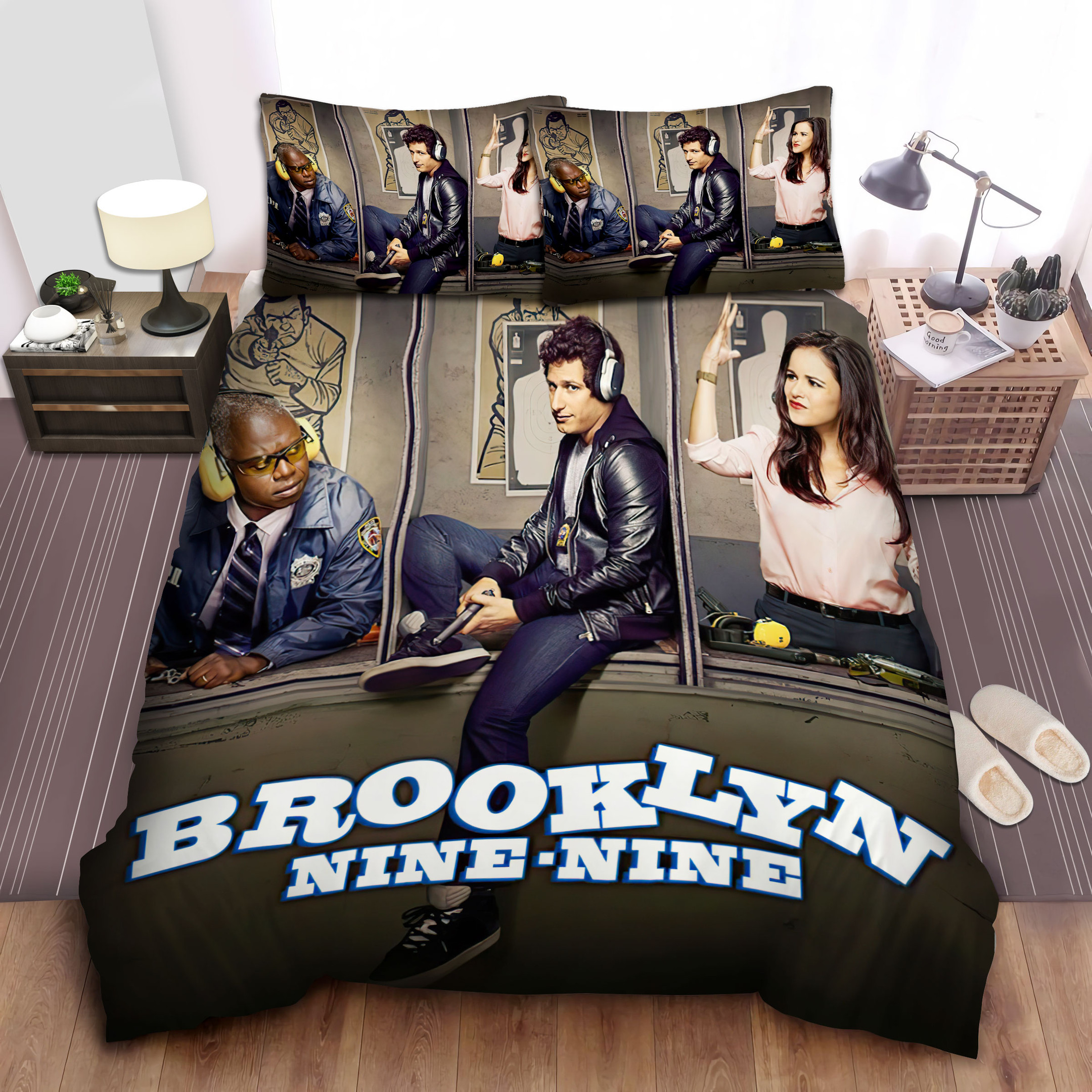 brooklyn nine nine jake amy and captain ray holt in indoor shooting range bed sheets spread comforter duvet cover bedding sets qkjph