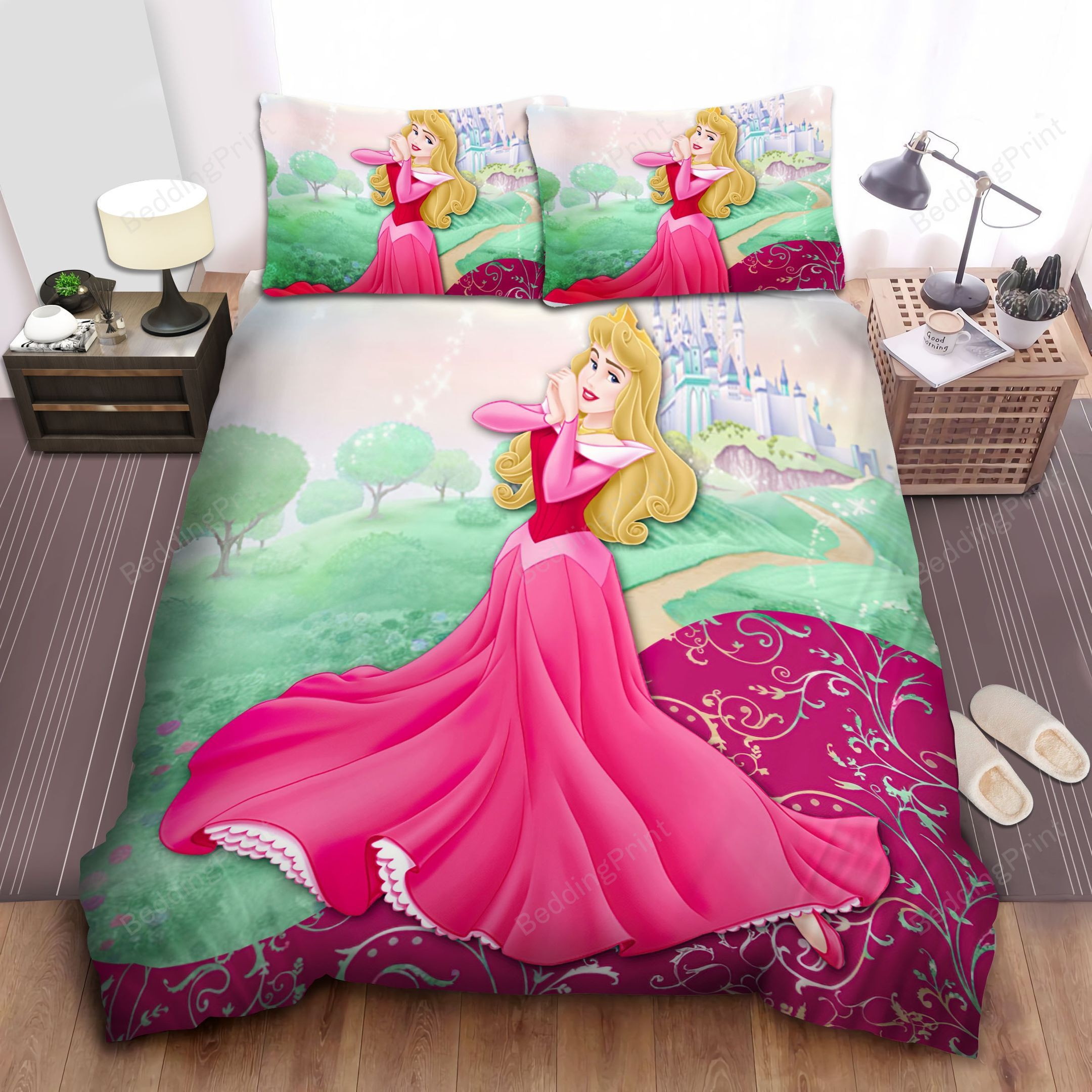 disney princess aurora in front of the castle bed sheet duvet cover bedding sets 5mudk