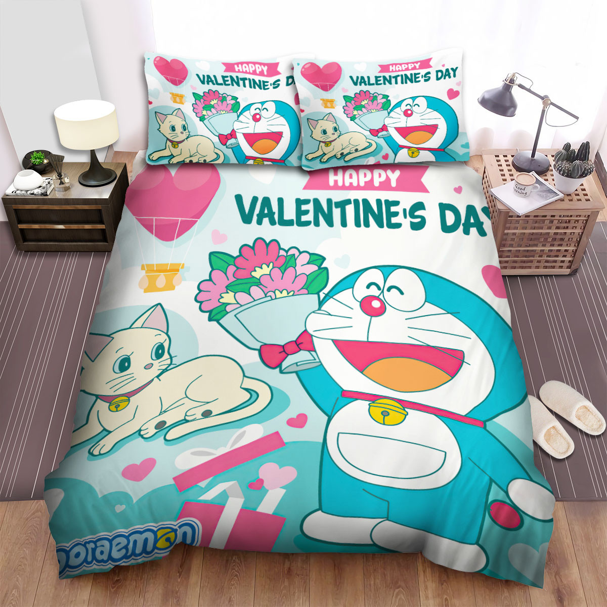 doraemon happy valentine day bed sheets spread duvet cover bedding sets huky4