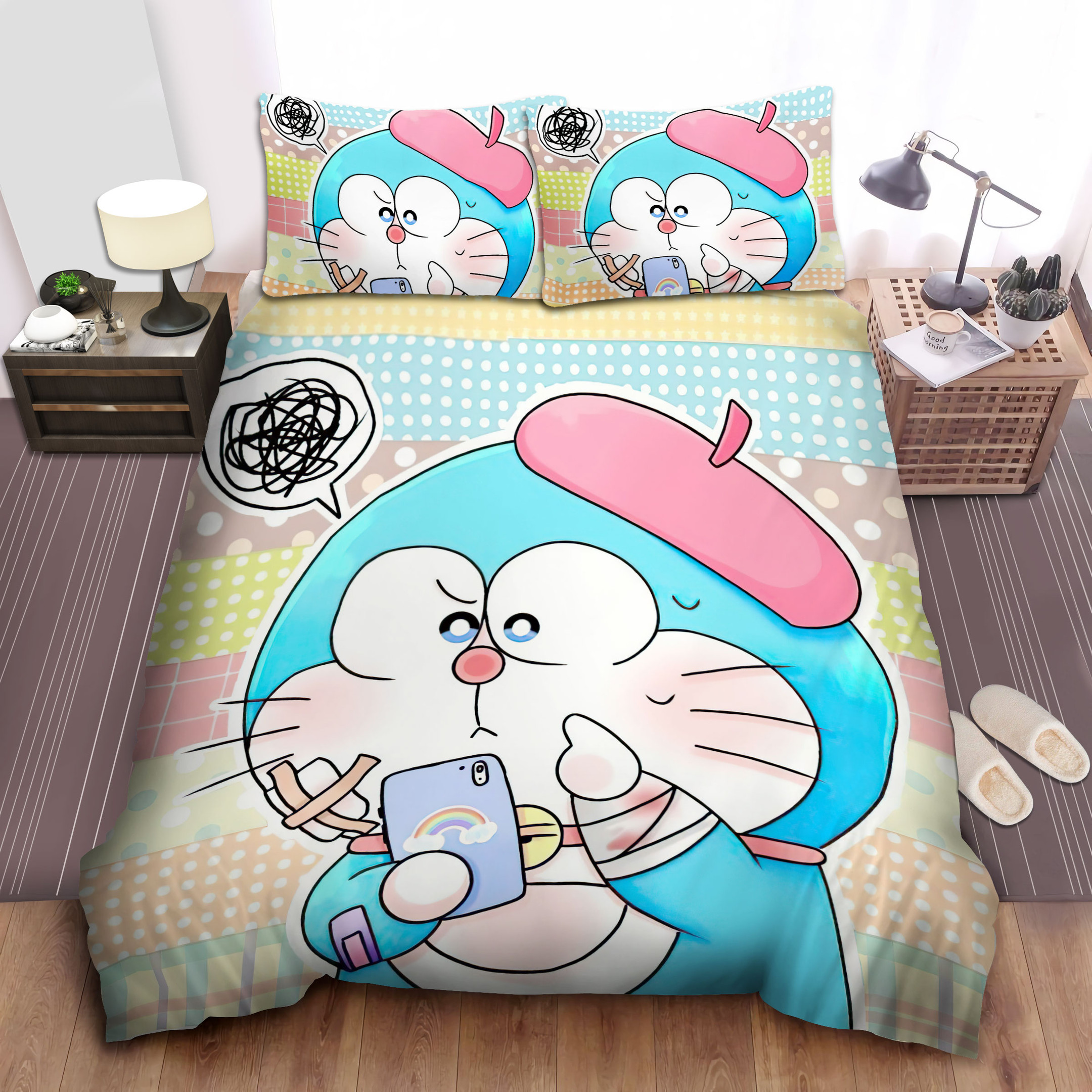 doraemon using mobile phone bed sheets spread comforter duvet cover bedding sets es8ul