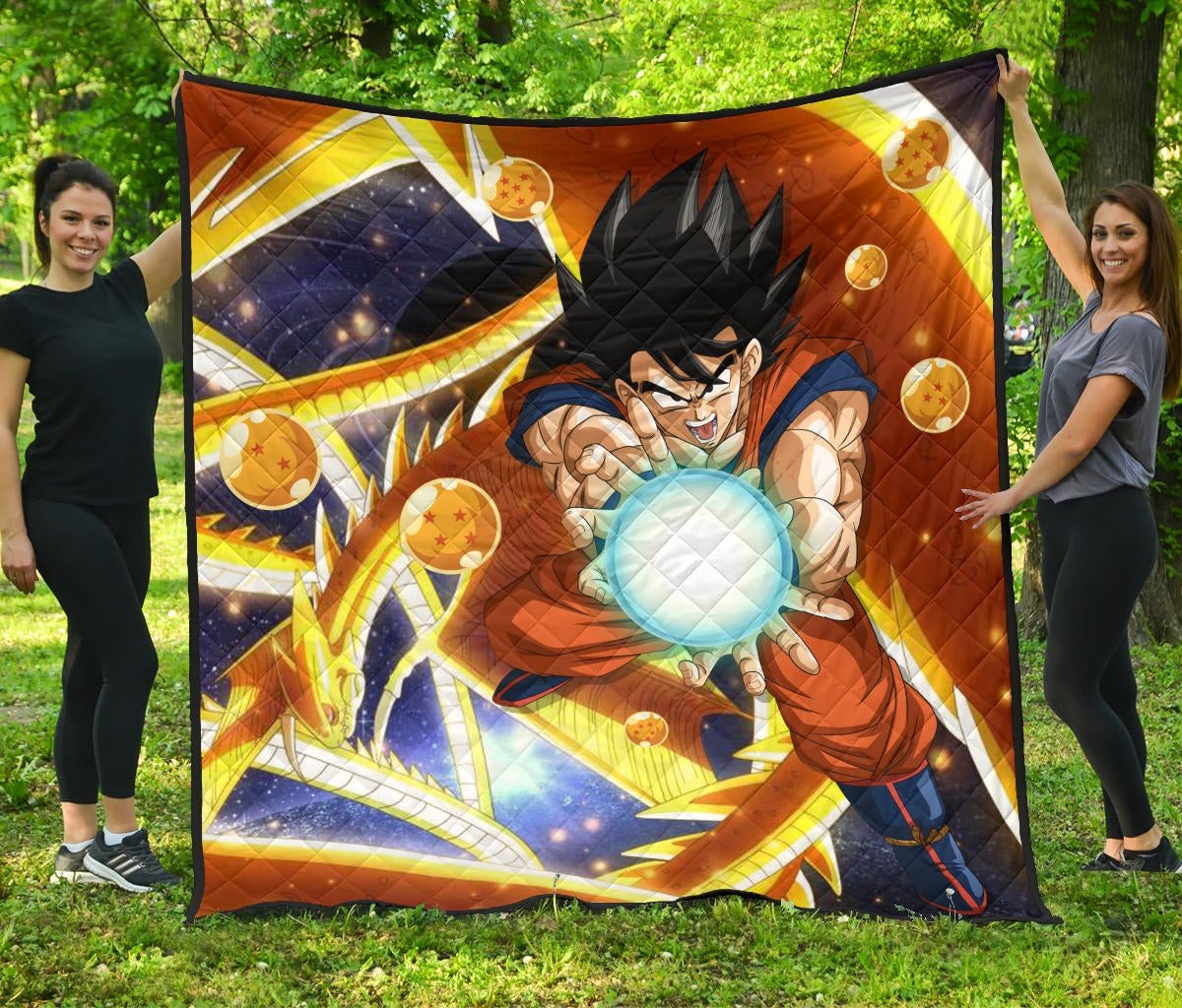 dragon ball anime db goku fighting with golden shenron dragon premium quilt blanket tldd7