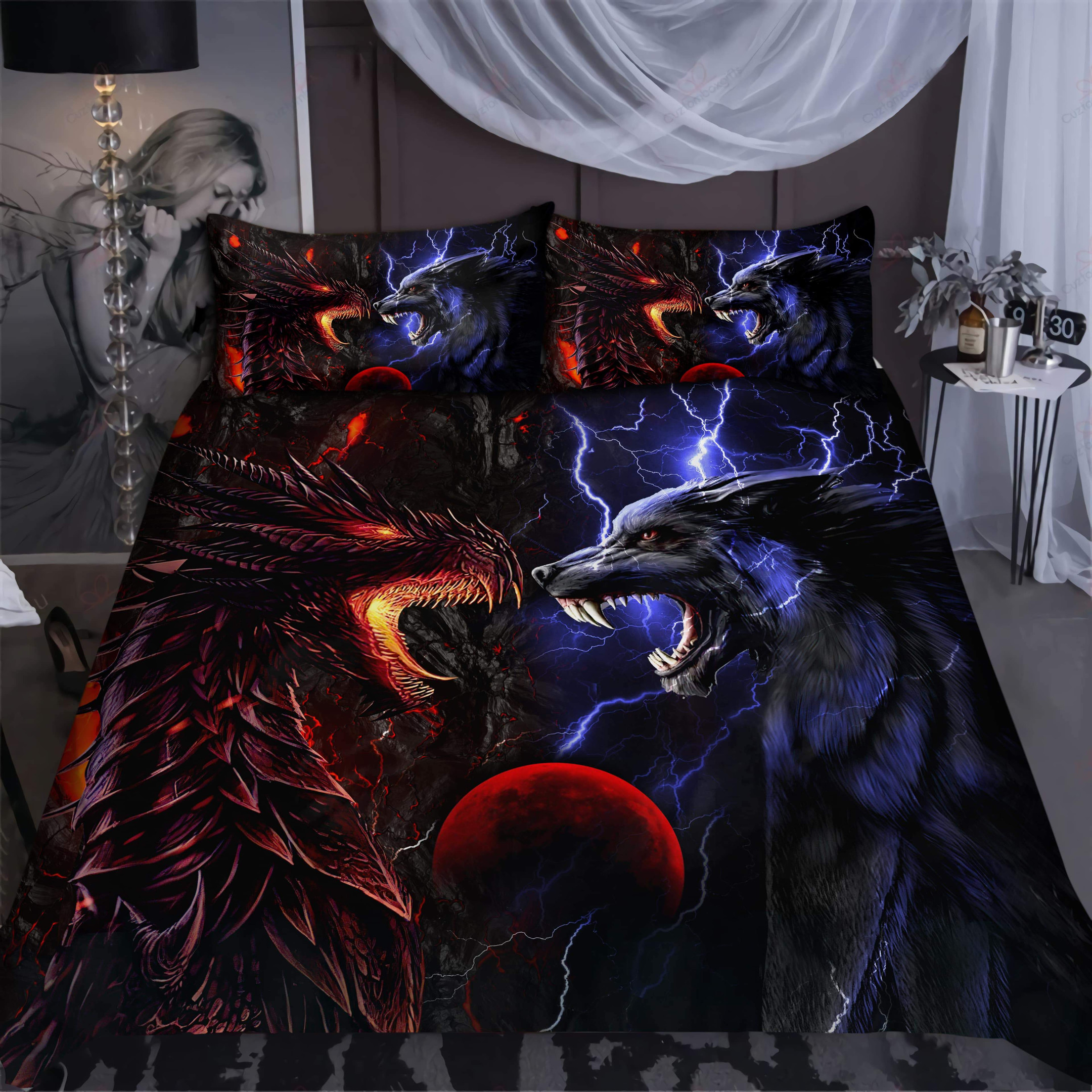 dragon wolf bedding sets red blue duvet cover with bed sheets spread pzhud