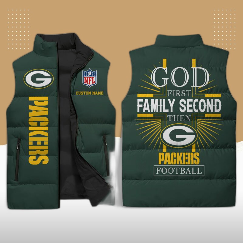 green bay packers nfl sleeveless puffer jacket custom for fans gifts VadLrY