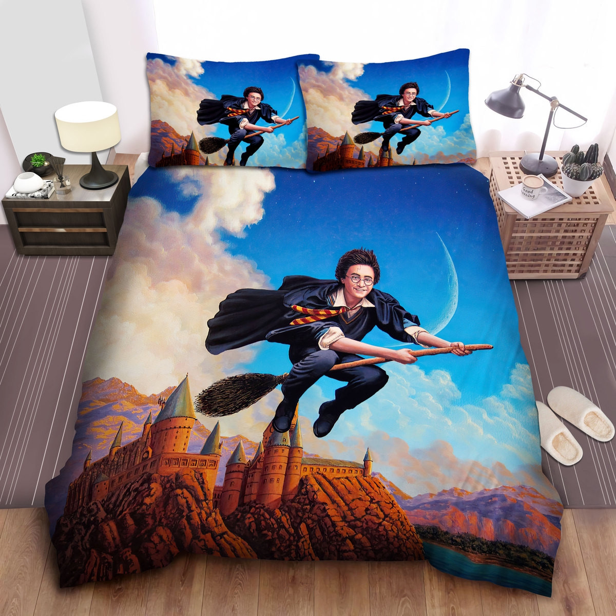 harry potter riding flying broomstick for the first time illustration bed sheets spread comforter duvet cover bedding sets nijug