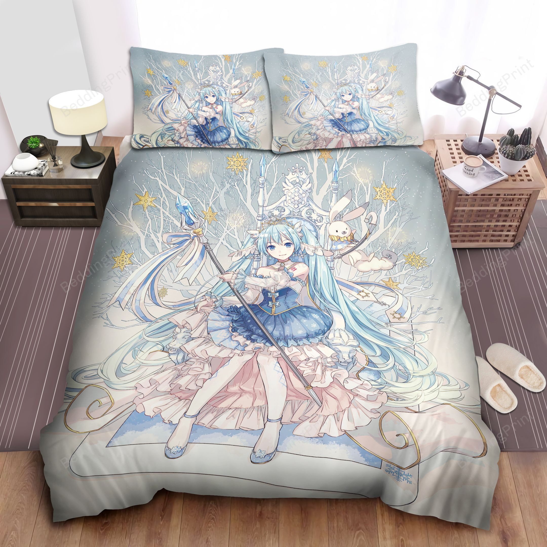 hatsune miku with rabbit yukine gold snowflakes bed sheets duvet cover bedding sets m9yld