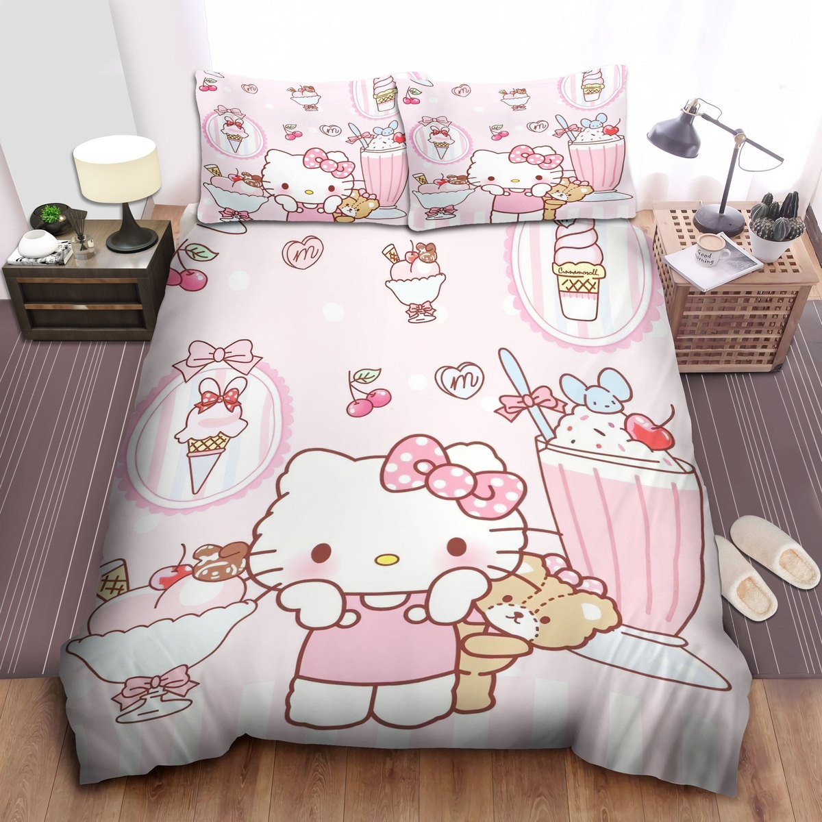 hello kitty cherry ice cream duvet cover comforter bed sheets bedding set 5z4tl