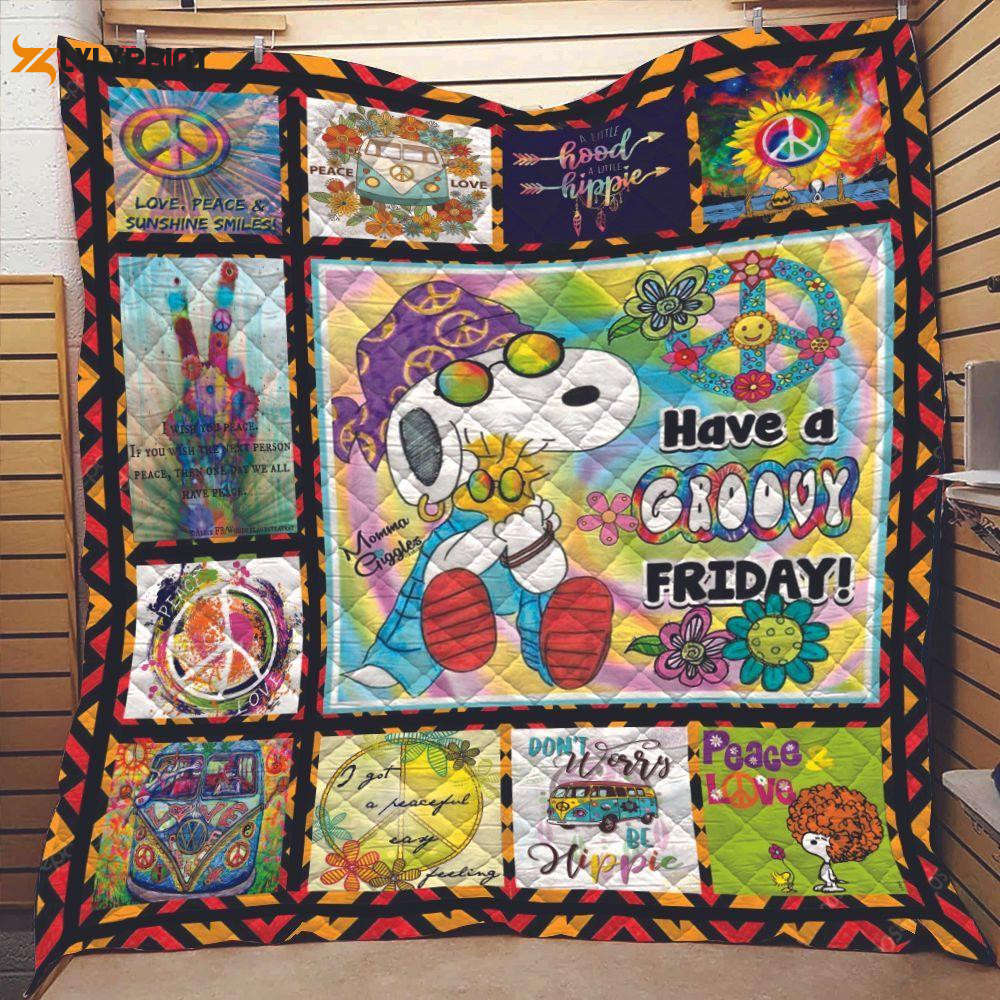 hippie snoopy with groovy flowers and peace love symbol snoopy have a groovy friday quilt blanket