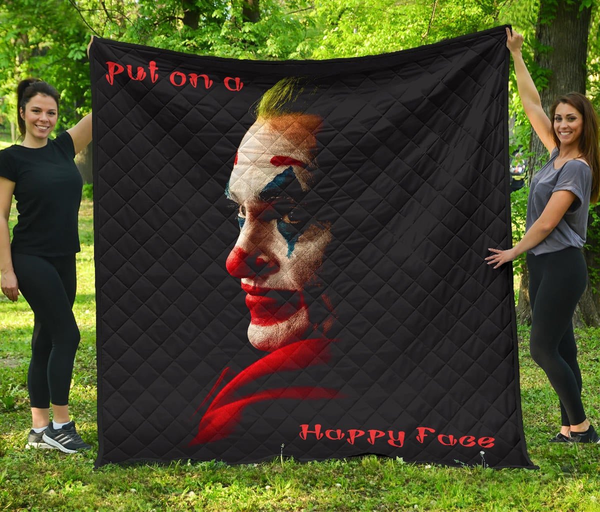 horror movie joker quote put on a happy face premium quilt blanket gns1y